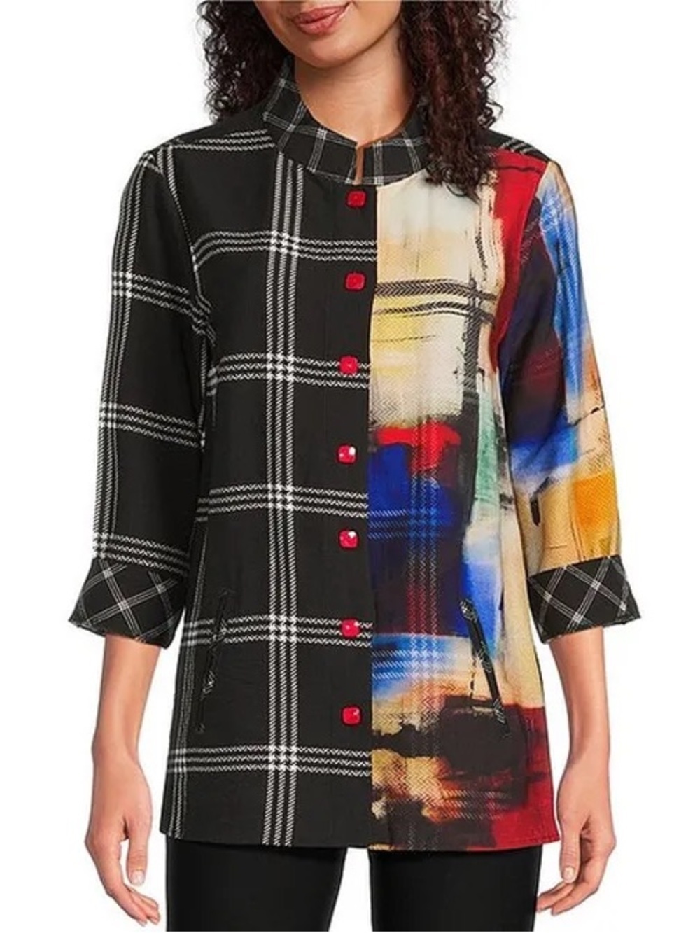 Ali Miles Contrast Color Artsy Woven Stand collar Cuff 3/4 sleeve Tunic Size 2X